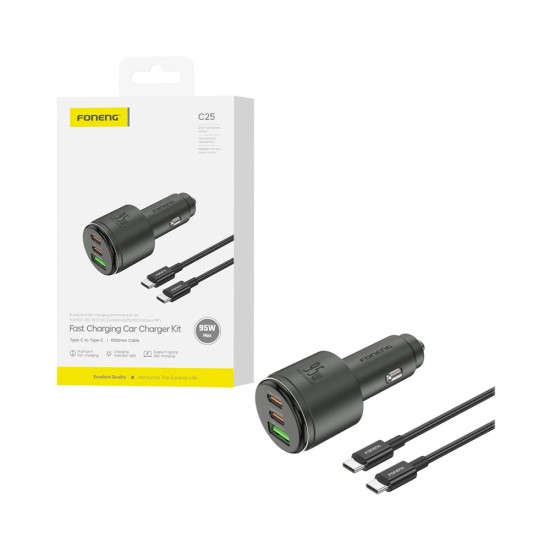 Carregador de Carro Foneng C25 3 Porta 1 USB+2 Tipo-C 95W  com Tipo-C para Tipo-C 1m Cabo Preto